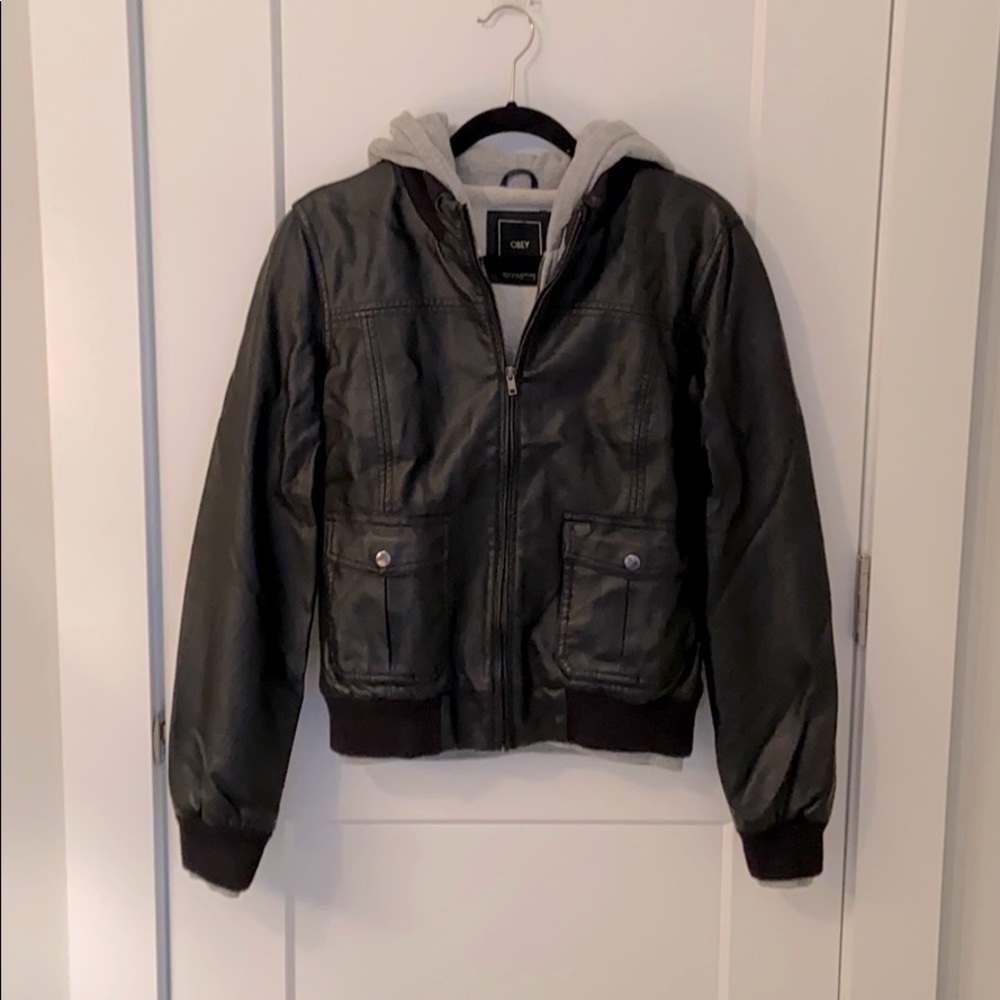 Faux leather jacket with sweatshirt lining